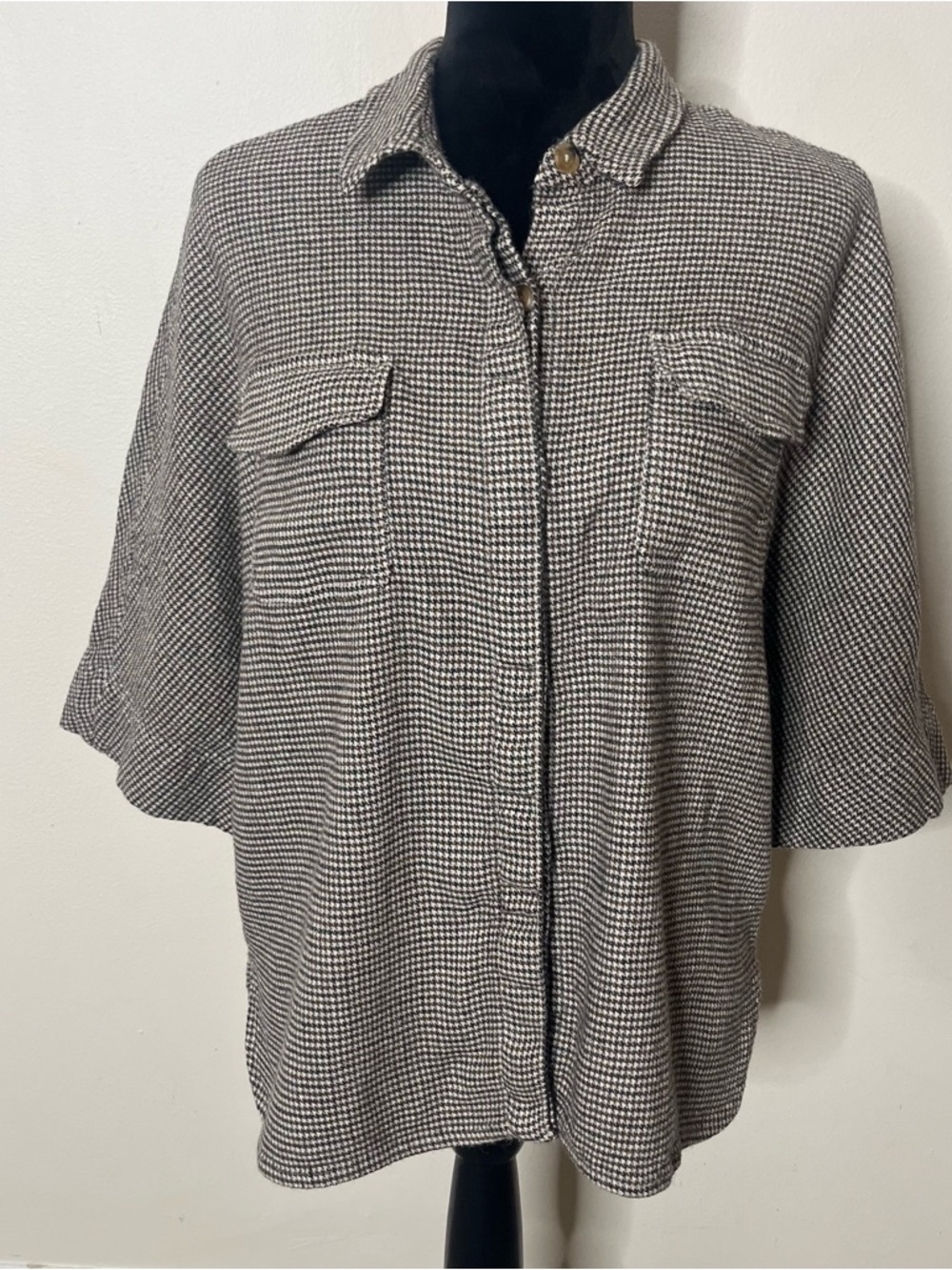 Ann Mashburn Women’s Brown Houndstooth Wool Blend‎ Button Up Collar Shirt Sz L